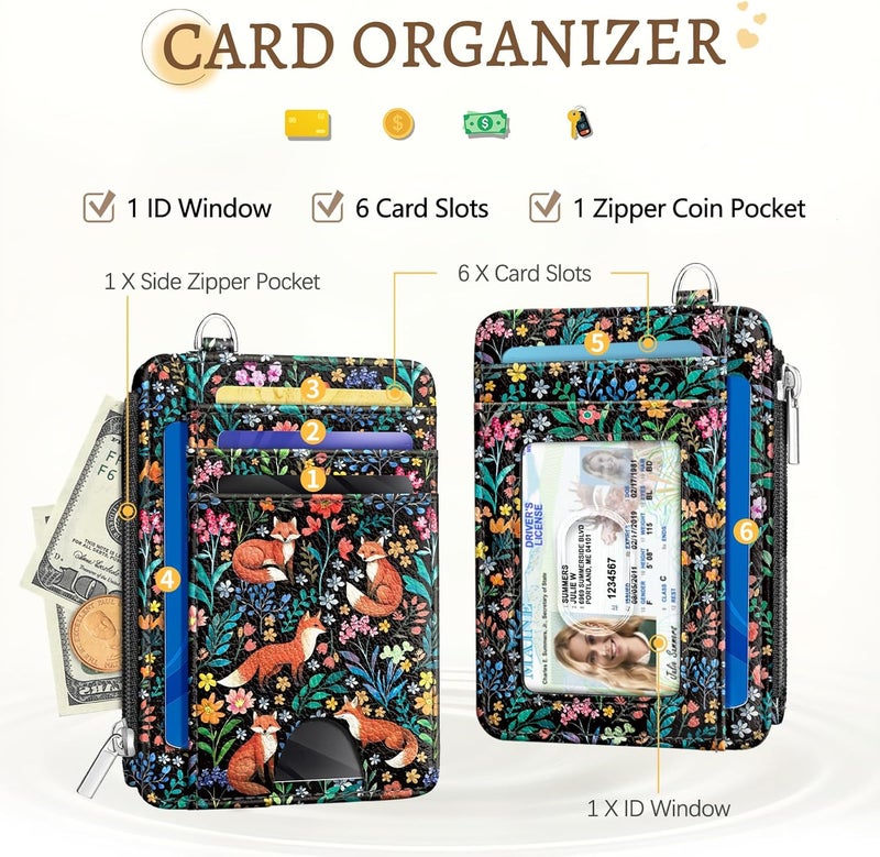 Kelvoris Cute Fox Flowers Credit Card Holder Small Wallet Women, Slim RFID Blocking Wallet Woman Keychain with Zipper Coin Pocket, Front Pocket Thin Travel Card Case Organizer ID Window Ladies Gifts - Image 3